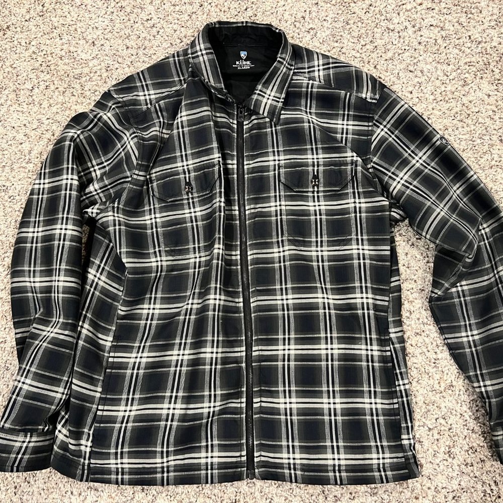 Kuhl men's zip flannel jacket xl navy/green/cream